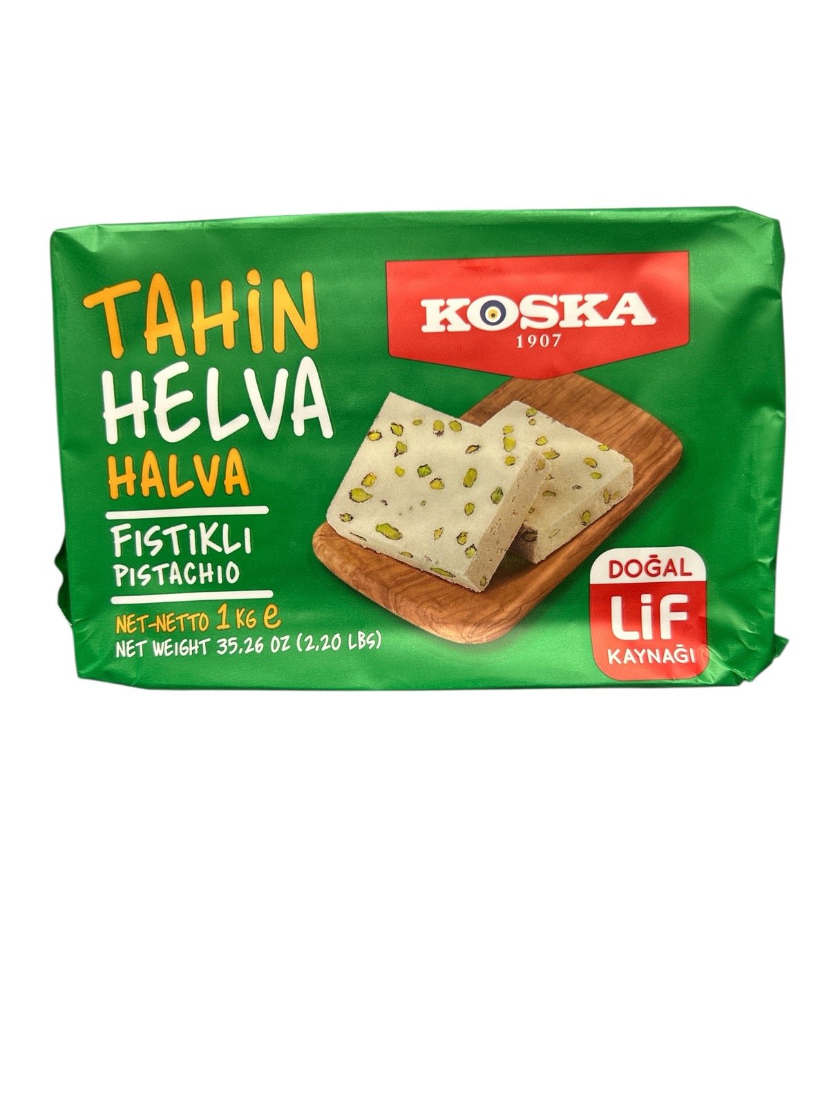 Купить на CrossVill турецкую тахинную халву Koska Fıstıklı Pistachio (весом 500 г) с цельными фисташками в зеленой упаковке.