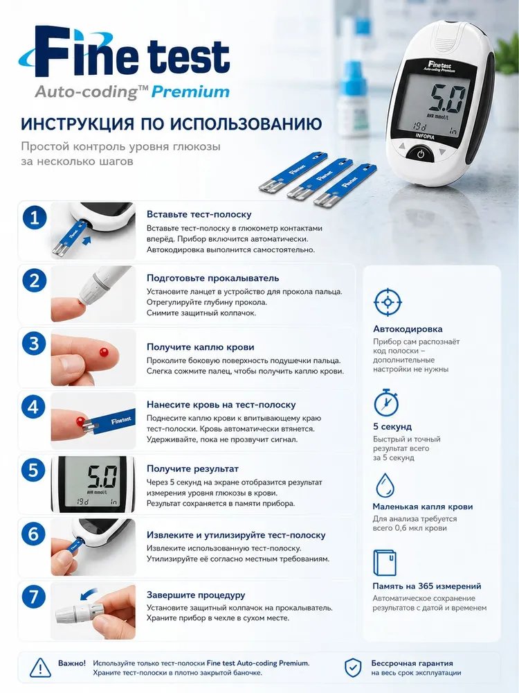 Тест-полоски для измерения уровня глюкозы в крови Finetest Файнтест Auto-coding Premium № 25
