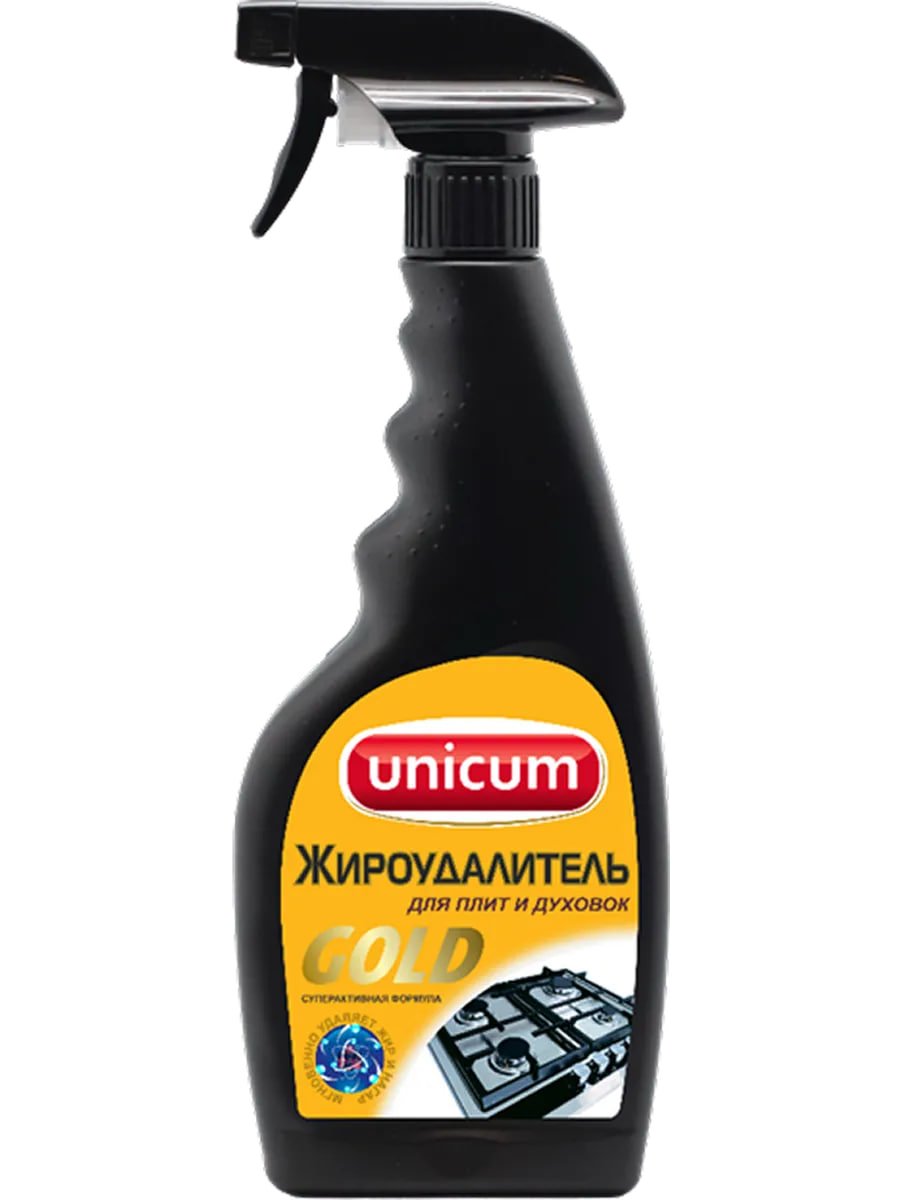 Купить на CrossVill мощное средство жироудалитель Unicum Gold (500 мл) для плит, духовок и удаления пригоревшего жира, нагара и копоти без ацетона.