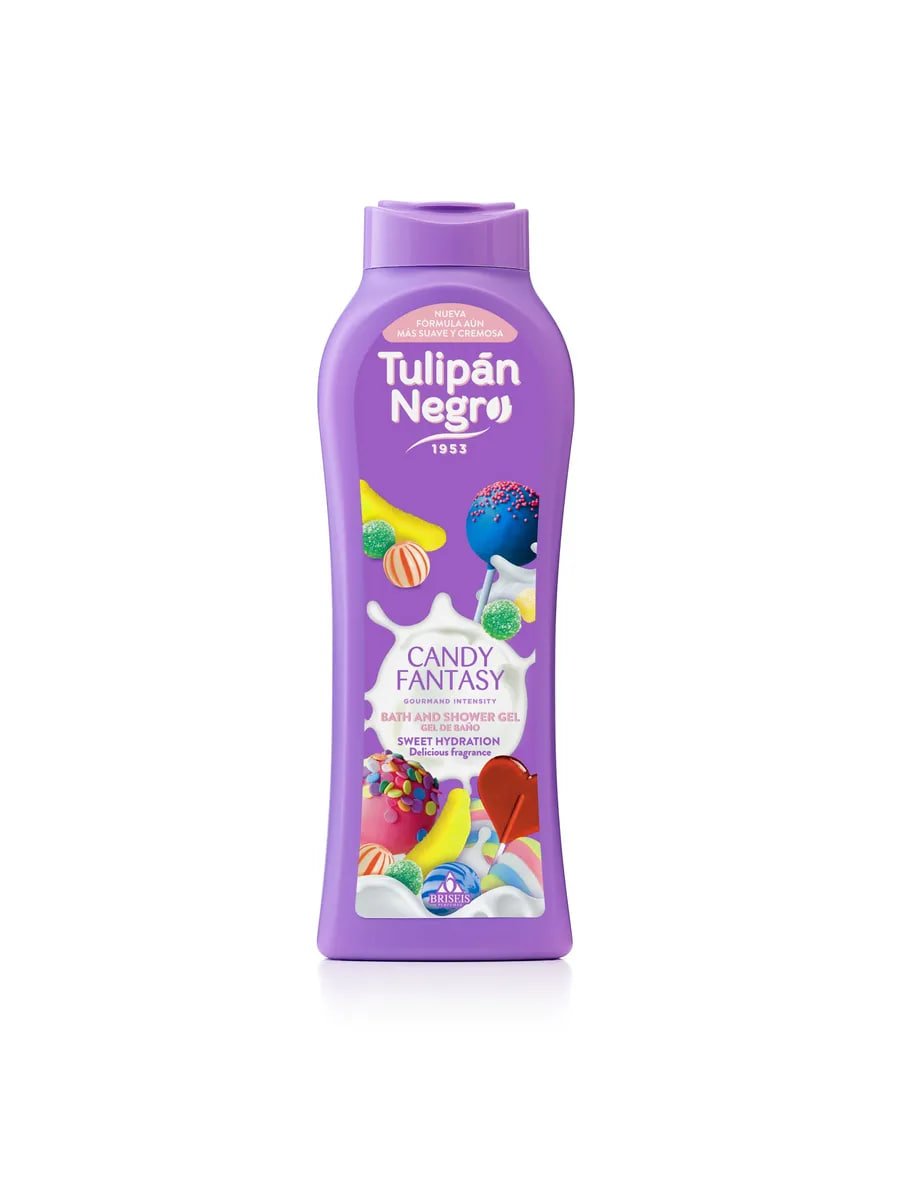 Купить на CrossVill испанский гель для душа Tulipán Negro Candy Fantasy (650 мл) со сладким конфетным ароматом для сухой кожи, без парабенов.