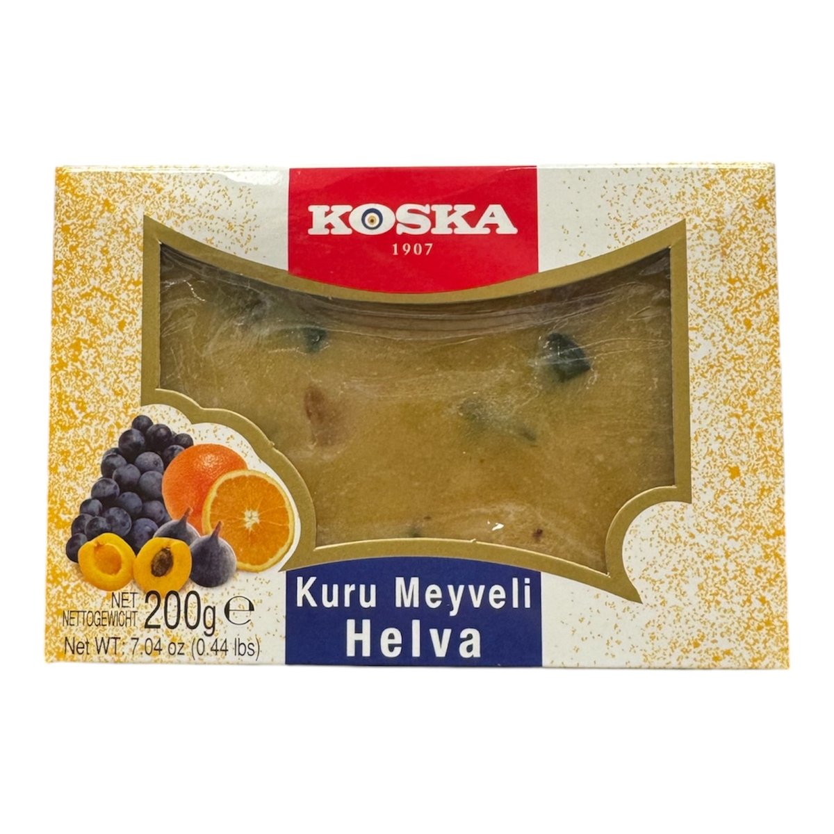 Купить на CrossVill турецкую летнюю халву Koska Kuru Meyveli Yaz Helvası (весом 500 г) с сухофруктами в картонной коробке с прозрачным окном.