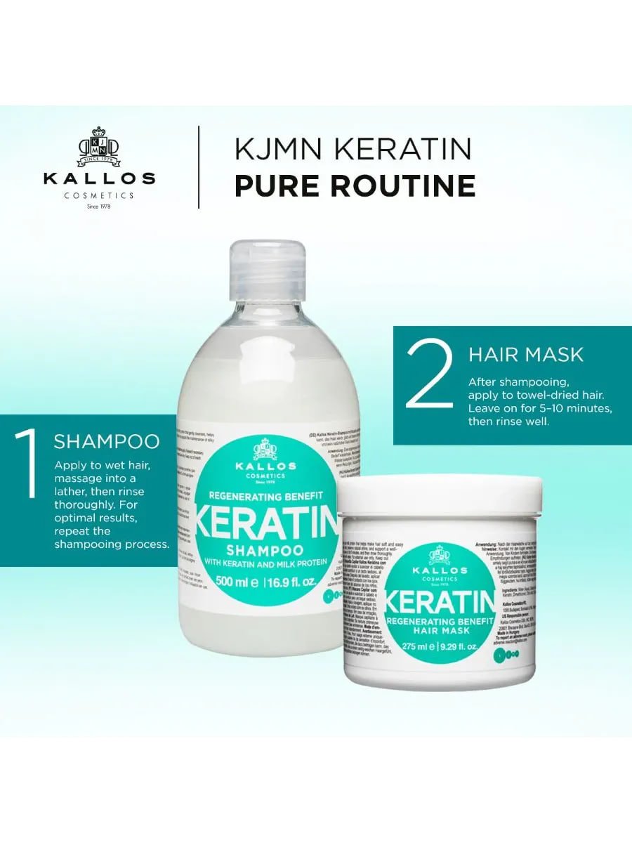 Купить на CrossVill восстанавливающий шампунь для волос Kallos Keratin (1 л) с кератином и молочным протеином для блеска, гладкости и регенерации волос.