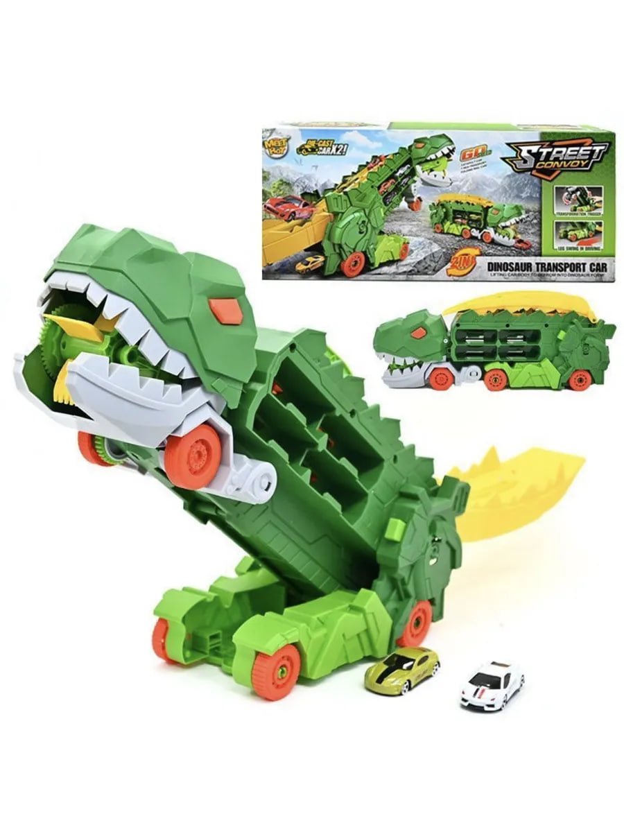  Автотрек Динозавр-трансформер T-Rex с двумя машинками купить на crossvill