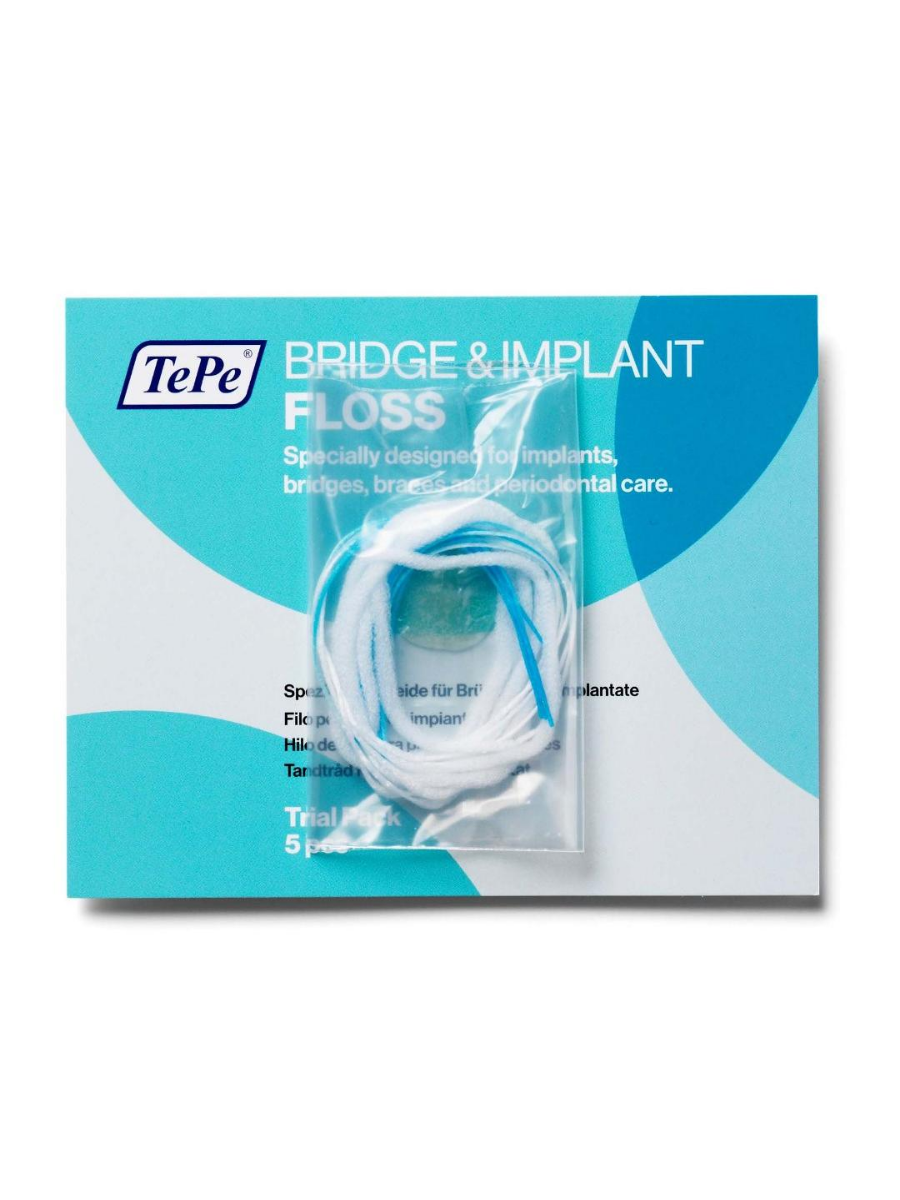  Зубная нить TePe Dental Bridge/ImplantFloss, 5 шт, упаковка 5 штук, серия Bridge & Implant Floss, объемная губчатая нить, суперфлосс с жестким наконечником, толстая зубная нить, расширяющийся флосс, атравматичное очищение, гигиеничные отрезки нити, шведское качество TePe, уход за ортопедическими конструкциями