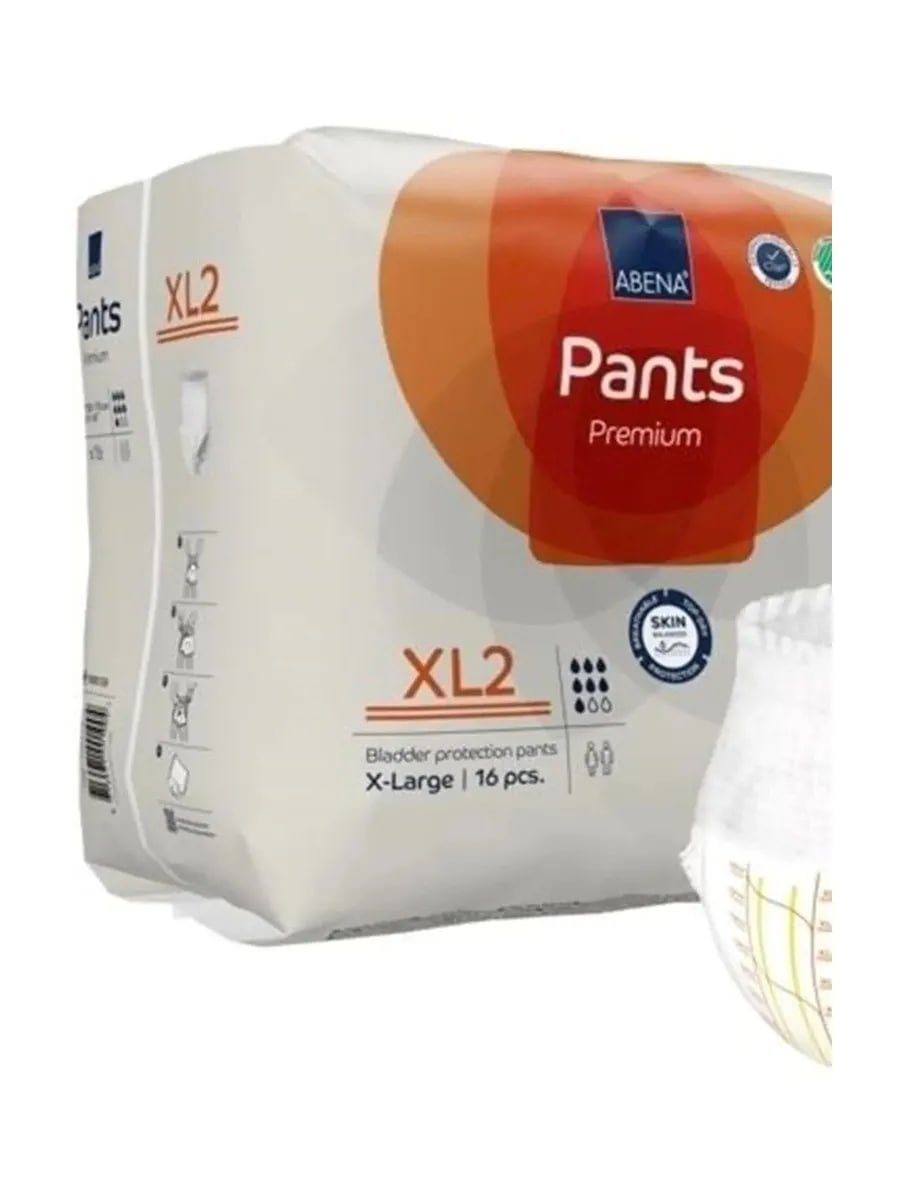 Купить на CrossVill премиум трусики для взрослых Abena Pants XL2 (размер XL, 16 штук) с впитываемостью до 2400 мл, датского производства, с системой OdourSystem.