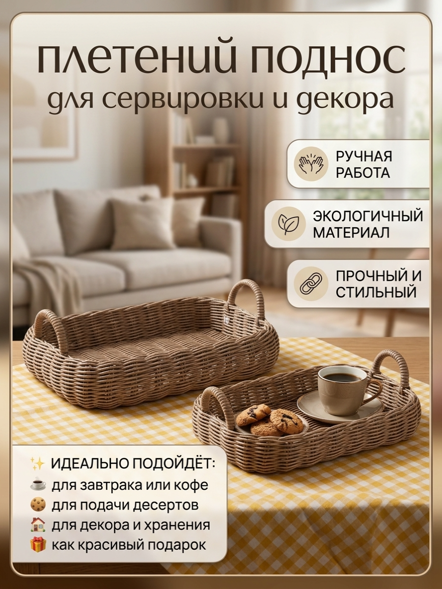 Рекламная карточка товара на русском языке с заголовком «плетеный поднос для сервировки и декора». На изображении представлены два овальных плетеных подноса бежевого цвета с ручками, расположенные на деревянном столе с желтой клетчатой салфеткой. На переднем плане в меньшем подносе стоят чашка кофе и тарелка с печеньем. Справа на плашках указаны преимущества: «РУЧНАЯ РАБОТА», «экологичный МАТЕРИАЛ» и «ПРОЧНЫЙ И СТИЛЬНЫЙ». В левом нижнем углу расположен список вариантов использования, включая завтрак, подачу десертов, декор и подарок. На размытом заднем плане виден интерьер гостиной со светлым диваном.