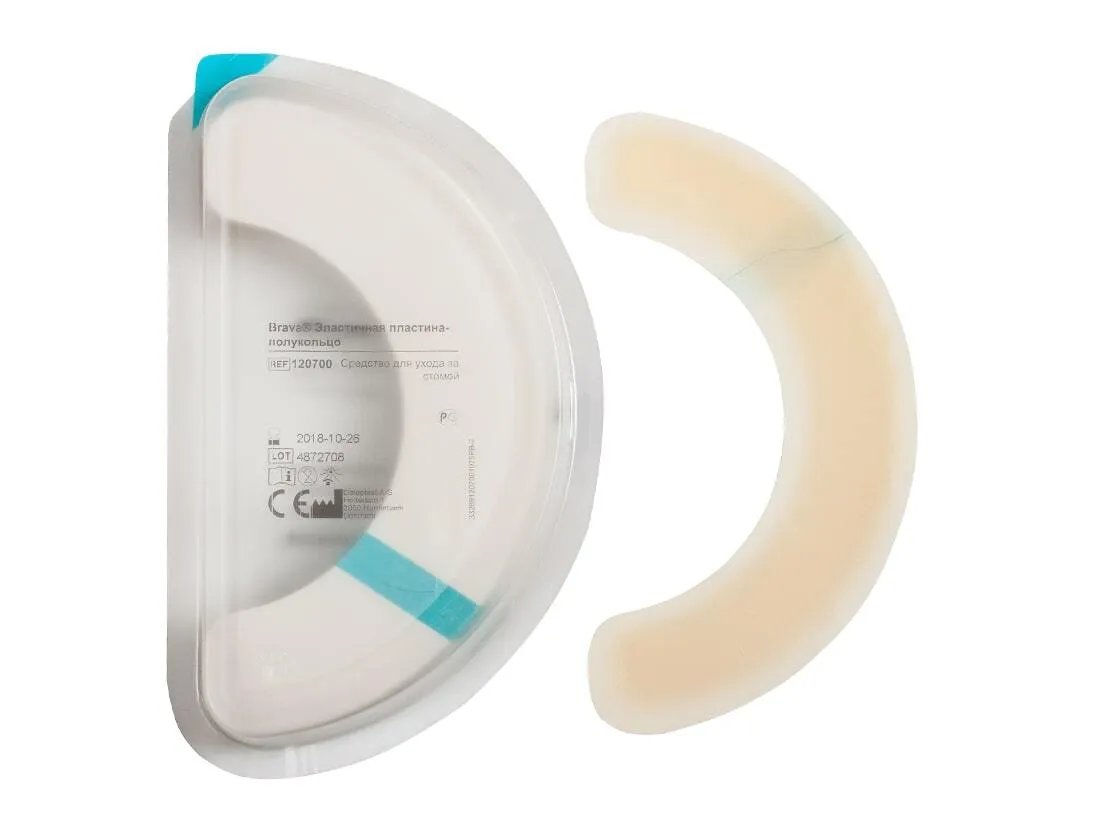 Эластичная пластина-полукольцо Coloplast Brava арт 120700 для фиксации калоприемника в блистерной упаковке, уход за колостомой и илеостомой, уход за уростомой, фиксация адгезивной пластины, предотвращение отклеивания краев, защита кожи вокруг стомы от мацерации, герметизация калоприемника при активных движениях, адаптация под изгибы тела и складки кожи, продление срока ношения калоприемника, безболезненное удаление пластыря