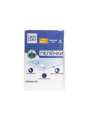 Пеленка гигиенические одноразовые впитывающие Dry Day Super 60 x 90 см, 5 шт