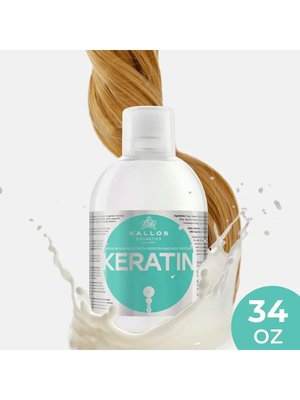 Купить на CrossVill восстанавливающий шампунь для волос Kallos Keratin (1 л) с кератином и молочным протеином для блеска, гладкости и регенерации волос.