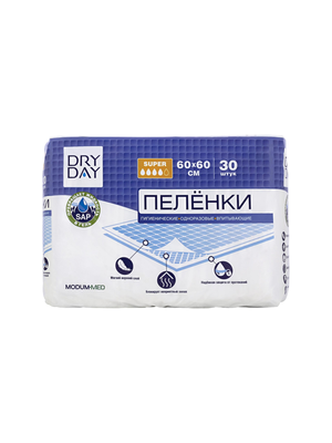 Пеленка гигиенические одноразовые впитывающие Dry Day Super 60 x 60 см, 30 шт