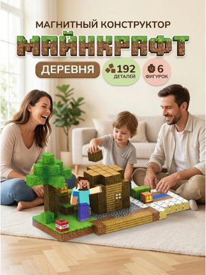 Магнитный конструктор детский Minecraft Деревня 192 блока