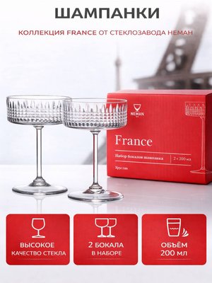 Хрустальные бокалы для шампанского, вина. Шампанки 200 мл. серия France. Набор 2 шт.