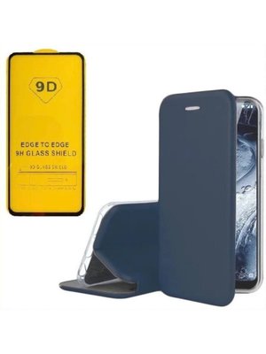 Чехол-книга + защитное стекло 9d для Xiaomi Poco M4 Pro 4G (темно-синий)