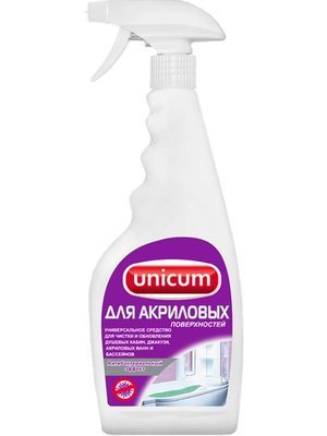 Купить на CrossVill чистящее средство спрей Unicum (500 мл) для акриловых ванн, джакузи и душевых кабин без хлора и абразивов, удаляющее мыльный налет.