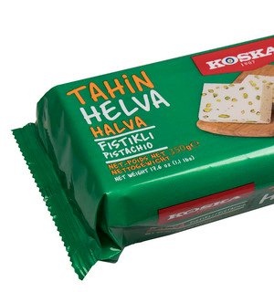 Купить на CrossVill турецкую тахинную халву Koska Fıstıklı Pistachio (весом 500 г) с цельными фисташками в зеленой упаковке.