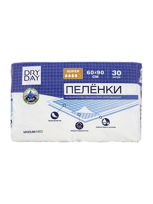 Пеленка гигиенические одноразовые впитывающие Dry Day Super 60 x 90 см, 30 шт