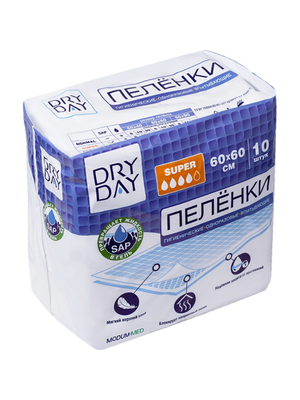 Пеленка гигиенические одноразовые впитывающие Dry Day Super 60 x 60 см, 10 шт
