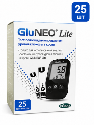  Тест-полоски для измерения уровня глюкозы в крови GluNEO Глюнео Lite № 25