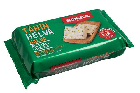 Купить на CrossVill турецкую тахинную халву Koska Fıstıklı Pistachio (весом 500 г) с цельными фисташками в зеленой упаковке.
