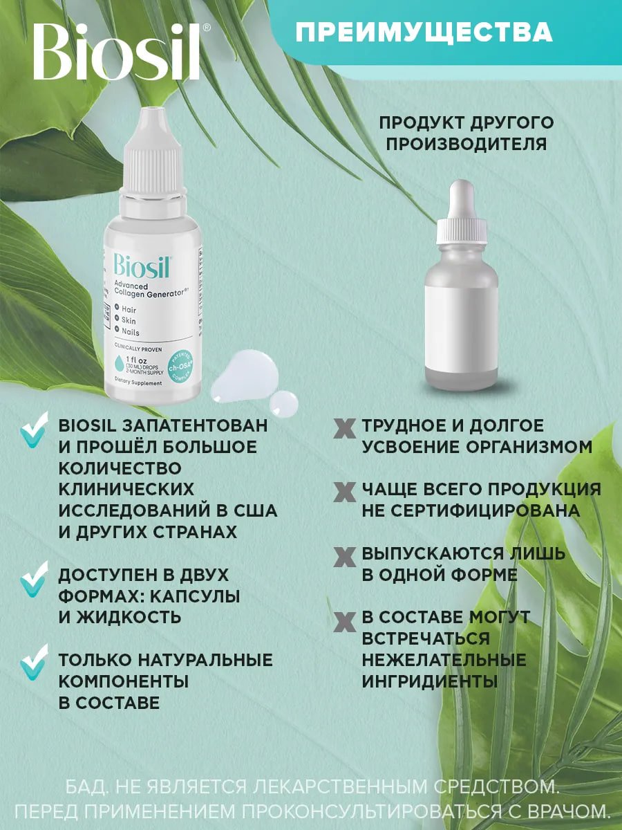 БАД Biosil коллаген, кремний и холин для кожи, волос и ногтей, для костей и суставов, жидкость 30 мл купить на crossvill