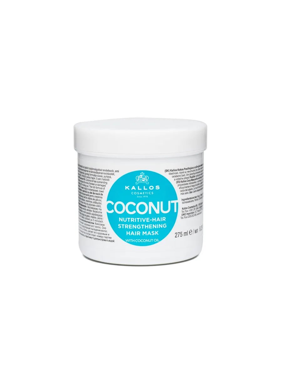 Купить на CrossVill питательную маску для волос Kallos Coconut (1 л) со 100% кокосовым маслом для глубокого питания, укрепления и блеска волос.